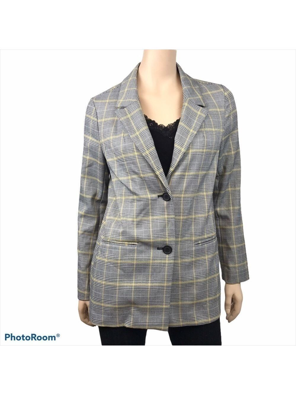 DEX Watson Black Yellow Plaid Striped Tweed Business Suit Jacket Blazer Size S